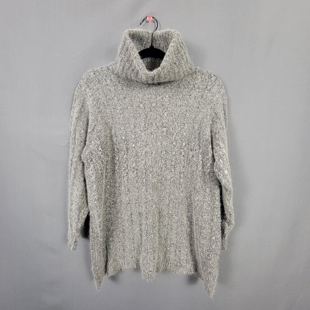 Segue Gray Angora Blend Chunky Ribbed Knit Cowl Neck Pullover Sweater Soft Cozy